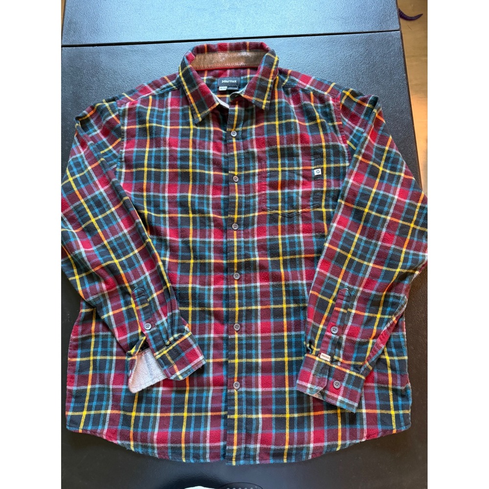 Marmot Mens XL Plaid Flannel Button Down Shirt Red Blue Yellow Z 44550